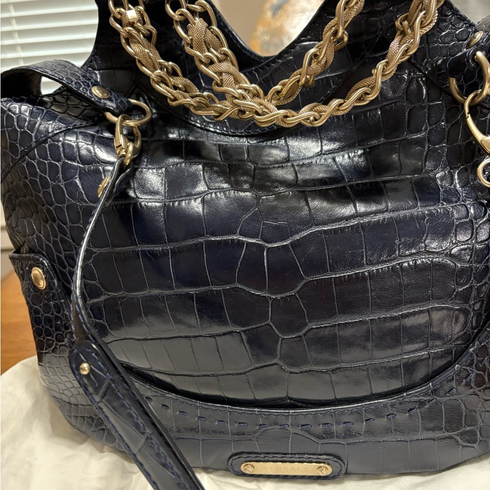 Versace Black Croc-Embossed Bag with Gold Chain